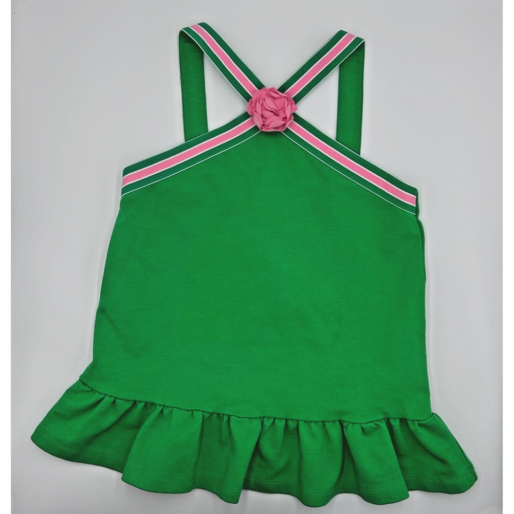 Janie and Jack Size 8 Solid Green Dress with Pink Straps & Rose Half Back Button